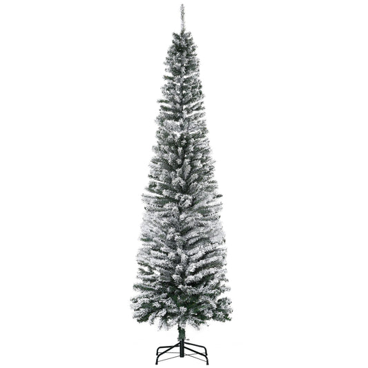 7.5ft Flocked Christmas Tree, Pencil Christmas Tree with Realistic Branch Tips, Folding Metal Stand, Green