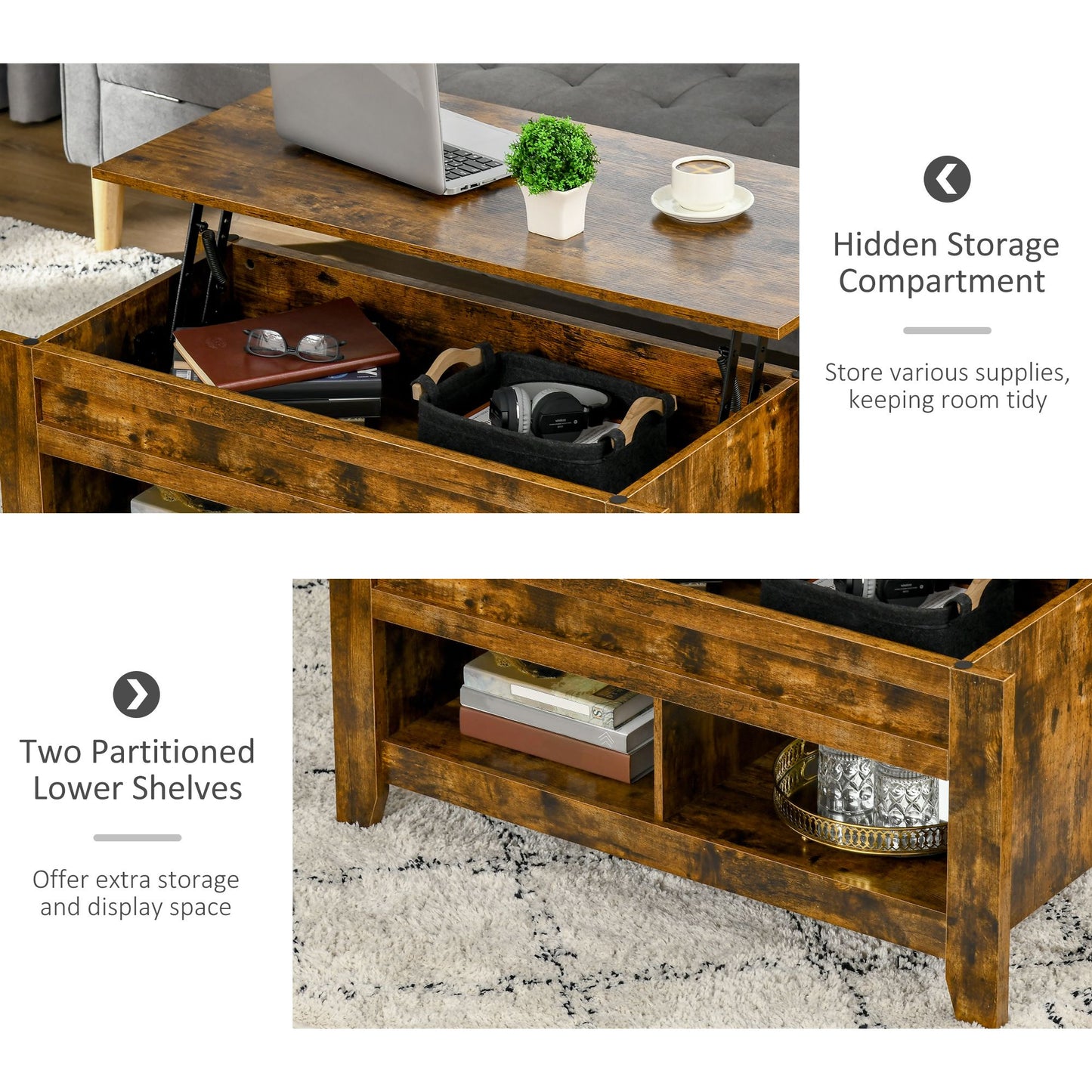 Lift Top Coffee Table with Hidden Storage Compartment and Open Shelves, Lift Tabletop Pop-Up Center Table for Living Room, Brown