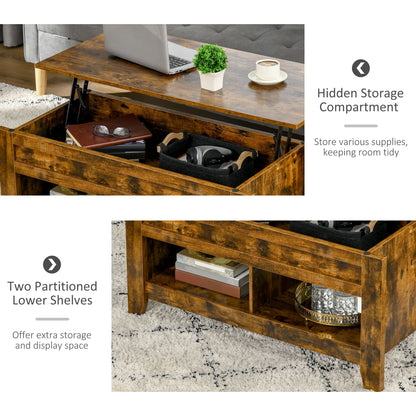 Lift Top Coffee Table with Hidden Storage Compartment and Open Shelves, Lift Tabletop Pop-Up Center Table for Living Room, Brown