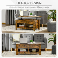 Lift Top Coffee Table with Hidden Storage Compartment and Open Shelves, Lift Tabletop Pop-Up Center Table for Living Room, Brown
