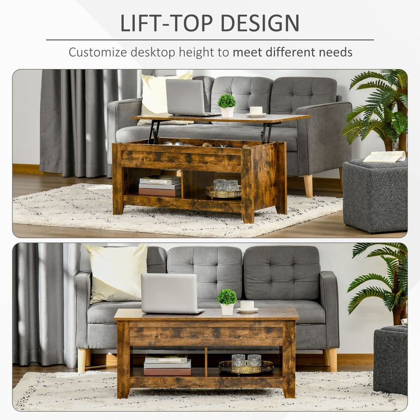Lift Top Coffee Table with Hidden Storage Compartment and Open Shelves, Lift Tabletop Pop-Up Center Table for Living Room, Brown