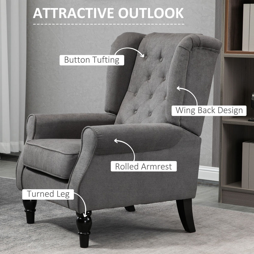 Fabric Accent Chair, Button Tufted Armchair, Armchair with Wood Legs, Thick Padding for Bedroom, Charcoal Grey