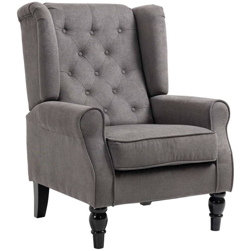 Fabric Accent Chair, Button Tufted Armchair, Armchair with Wood Legs, Thick Padding for Bedroom, Charcoal Grey