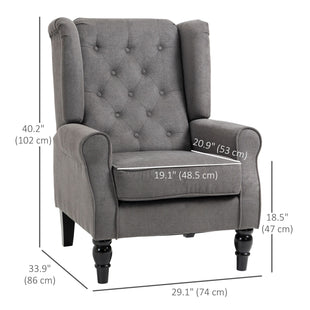 Fabric Accent Chair, Button Tufted Armchair, Armchair with Wood Legs, Thick Padding for Bedroom, Charcoal Grey
