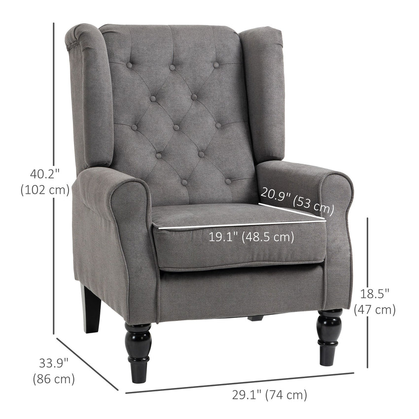 Fabric Accent Chair, Button Tufted Armchair, Armchair with Wood Legs, Thick Padding for Bedroom, Charcoal Grey