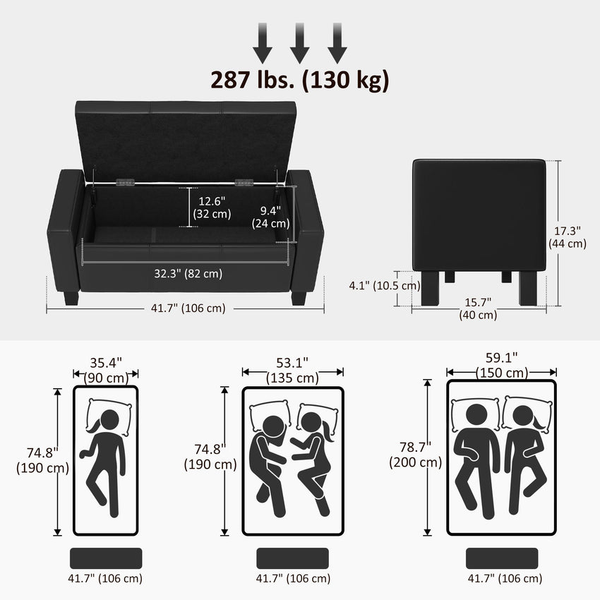 42" Deluxe Faux Leather Padded Storage Ottoman Bench Foot Stool Seat Chair with Organizer, Black