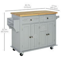 Kitchen Island with Storage, Rolling Trolley Cart with Rubber Wood Top, Spice Rack, Towel Rack, Grey