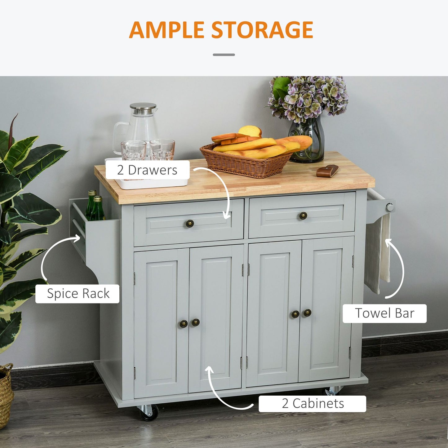 Kitchen Island with Storage, Rolling Trolley Cart with Rubber Wood Top, Spice Rack, Towel Rack, Grey