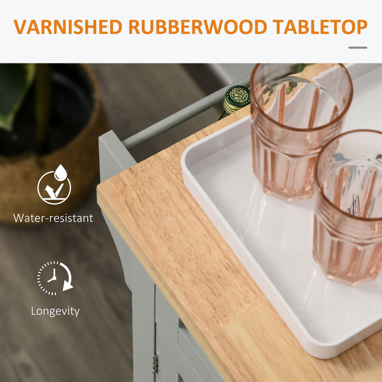 Kitchen Island with Storage, Rolling Trolley Cart with Rubber Wood Top, Spice Rack, Towel Rack, Grey
