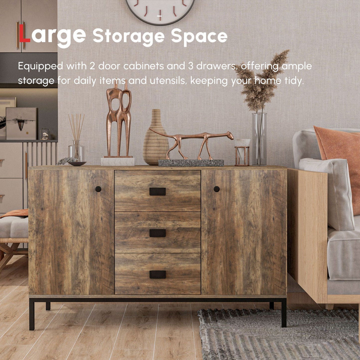 Industrial Sideboard Buffet Storage Cabinet Cupboard with 2 Doors, 3 Drawers and Shelves for Dining Room, Living Room, Brown