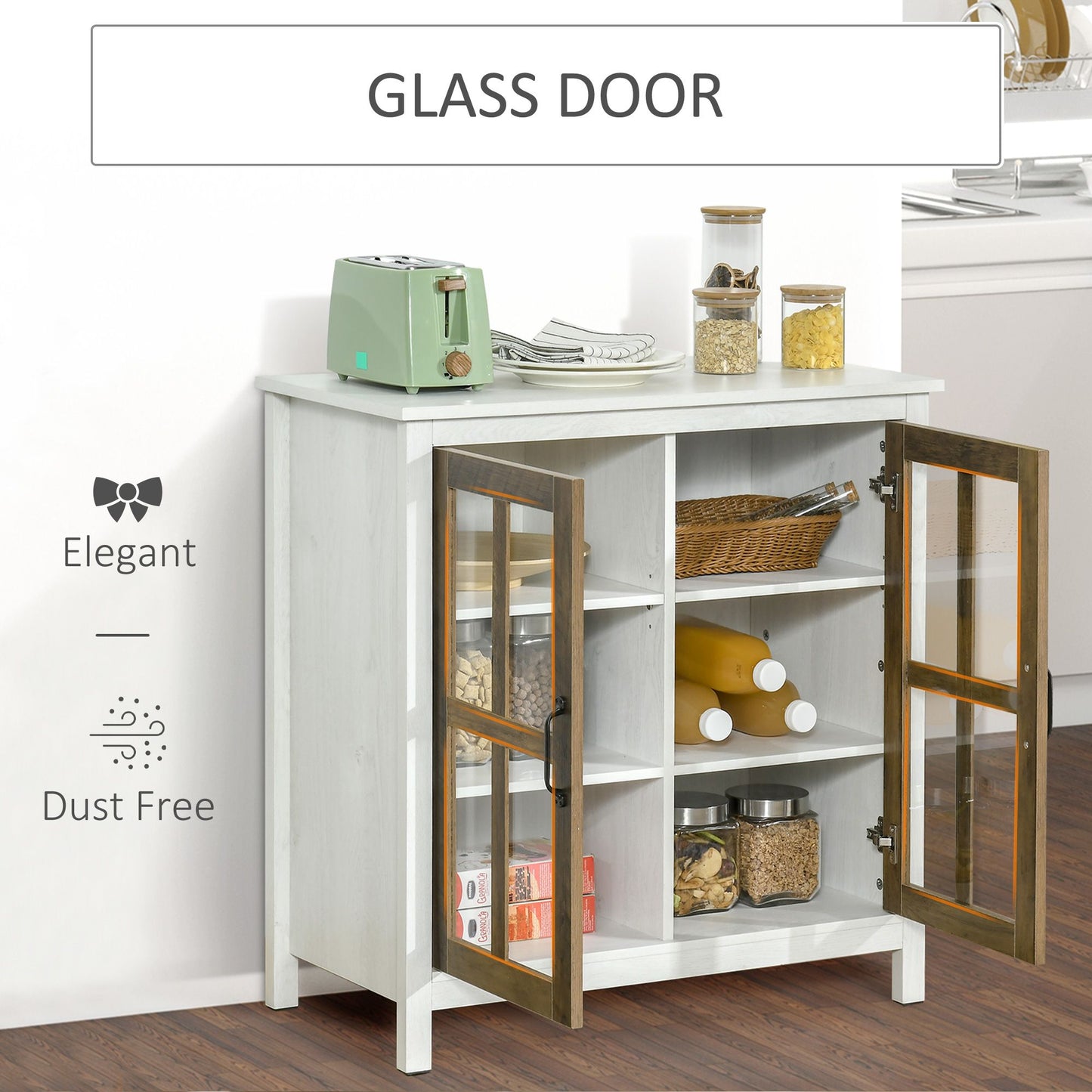 Kitchen Sideboard, Glass Door Buffet Cabinet, Accent Storage Cabinet with 2 Glass Doors and Adjustable Shelf for Dining Room, Living Room, Distressed White