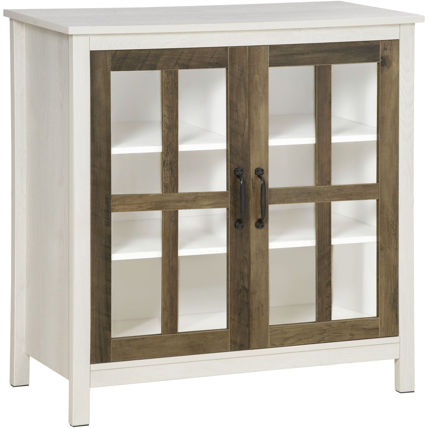 Kitchen Sideboard, Glass Door Buffet Cabinet, Accent Storage Cabinet with 2 Glass Doors and Adjustable Shelf for Dining Room, Living Room, Distressed White