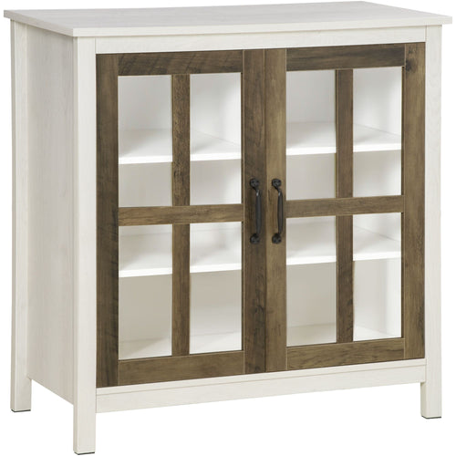 Kitchen Sideboard, Glass Door Buffet Cabinet, Accent Storage Cabinet with 2 Glass Doors and Adjustable Shelf for Dining Room, Living Room, Distressed White