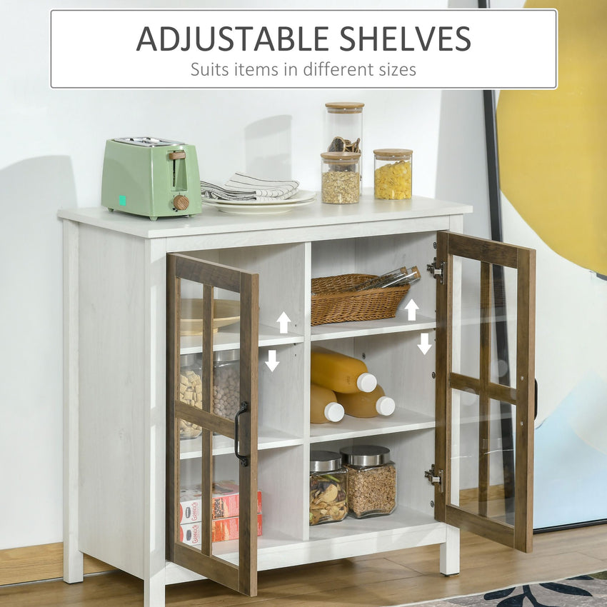 Kitchen Sideboard, Glass Door Buffet Cabinet, Accent Storage Cabinet with 2 Glass Doors and Adjustable Shelf for Dining Room, Living Room, Distressed White
