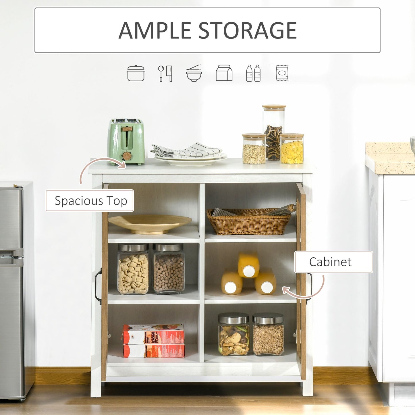 Kitchen Sideboard, Glass Door Buffet Cabinet, Accent Storage Cabinet with 2 Glass Doors and Adjustable Shelf for Dining Room, Living Room, Distressed White