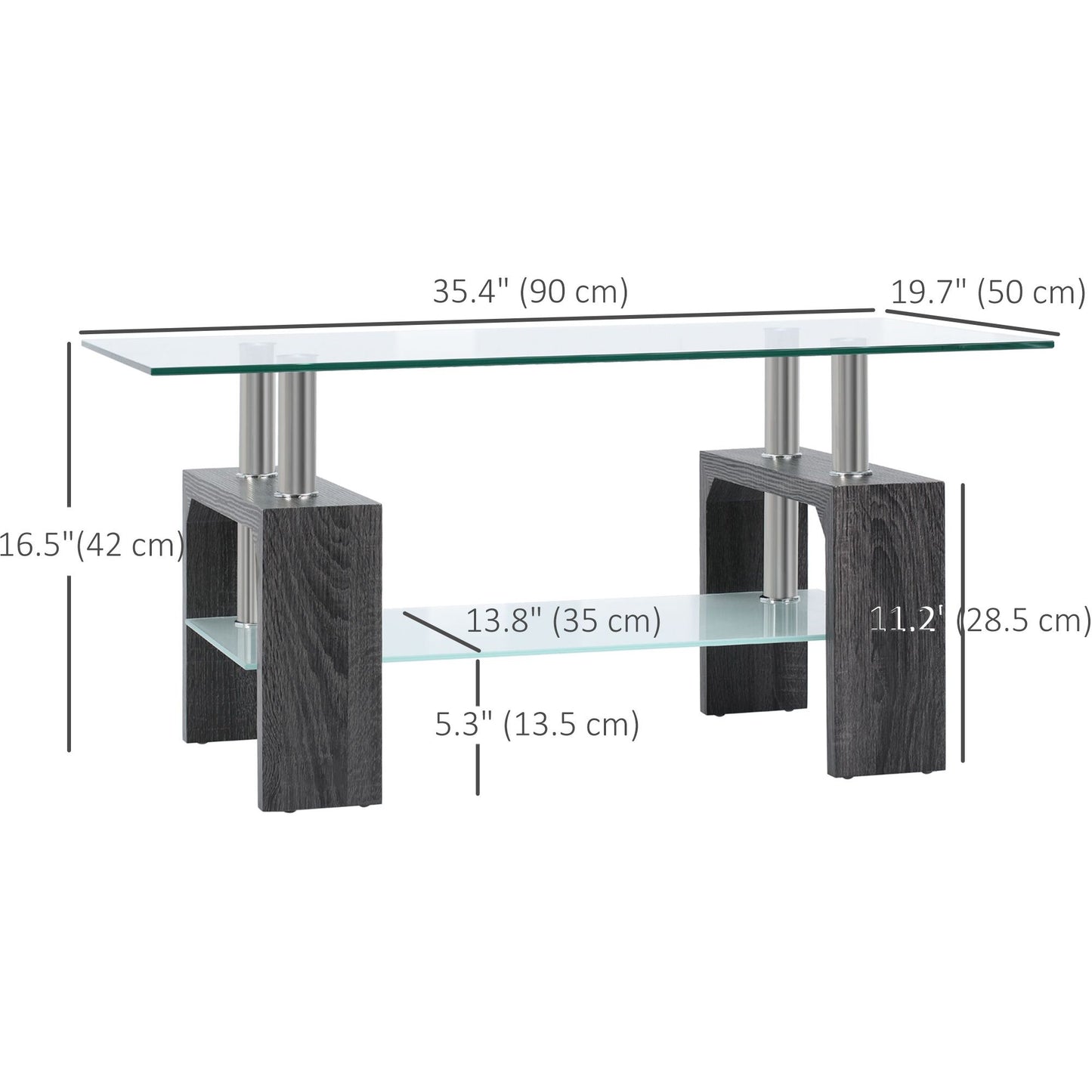 Rectangle Glass Coffee Table, 2-Tier Center Table with Tempered Glass Top and Storage Shelf for Living Room, Grey