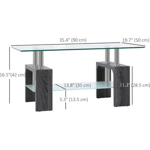 Rectangle Glass Coffee Table, 2-Tier Center Table with Tempered Glass Top and Storage Shelf for Living Room, Grey