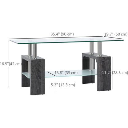 Rectangle Glass Coffee Table, 2-Tier Center Table with Tempered Glass Top and Storage Shelf for Living Room, Grey