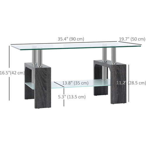 Rectangle Glass Coffee Table, 2-Tier Center Table with Tempered Glass Top and Storage Shelf for Living Room, Grey