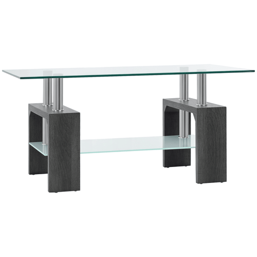 Rectangle Glass Coffee Table, 2-Tier Center Table with Tempered Glass Top and Storage Shelf for Living Room, Grey