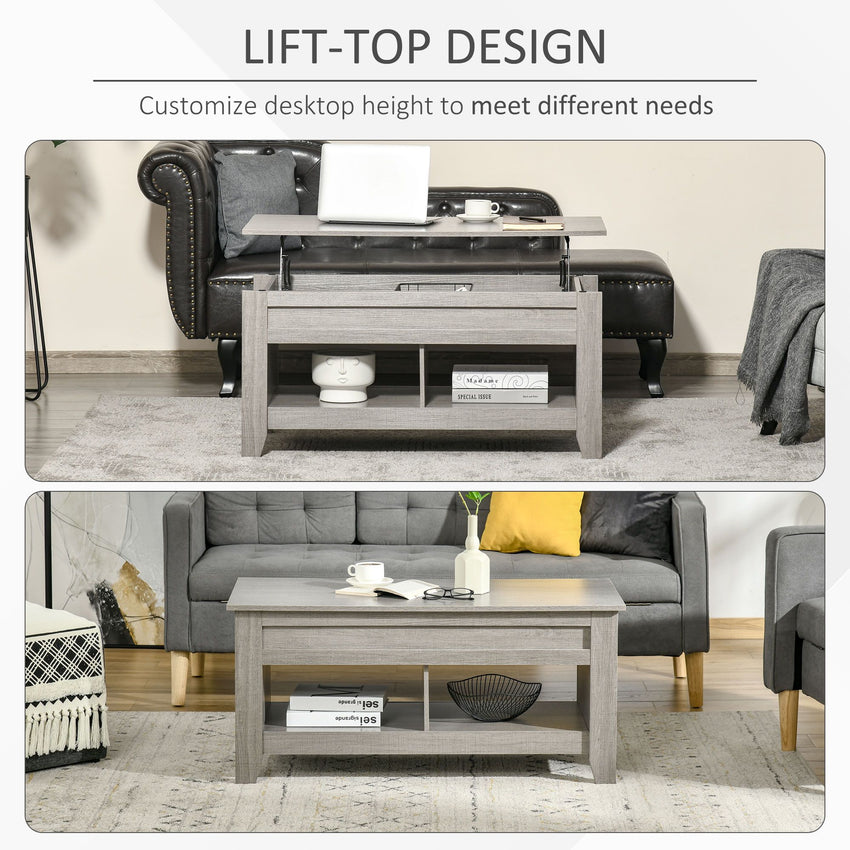 Lift Top Coffee Table with Hidden Storage Compartment and Open Shelves, Lift Tabletop Pop-Up Center Table for Living Room, Light Grey