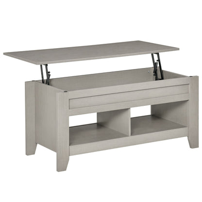 Lift Top Coffee Table with Hidden Storage Compartment and Open Shelves, Lift Tabletop Pop-Up Center Table for Living Room, Light Grey