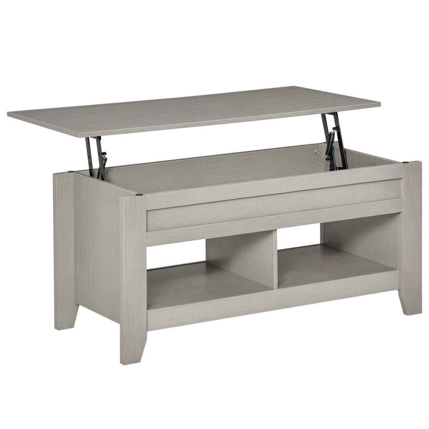Lift Top Coffee Table with Hidden Storage Compartment and Open Shelves, Lift Tabletop Pop-Up Center Table for Living Room, Light Grey