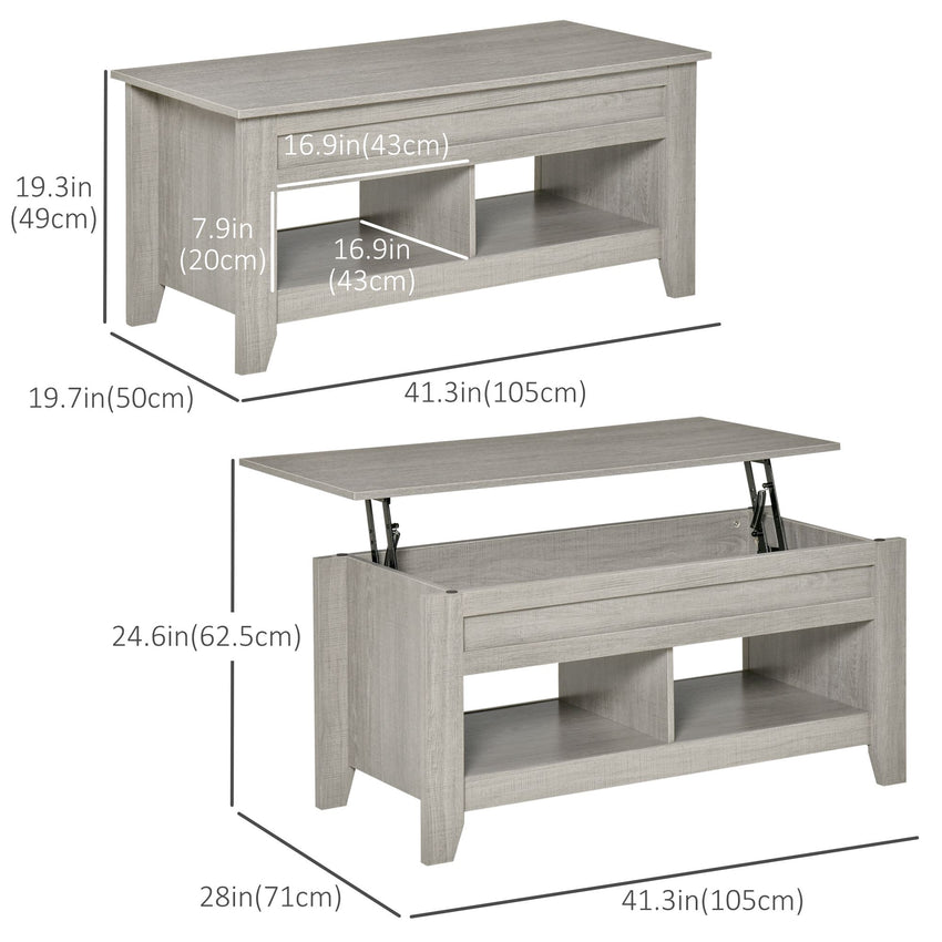 Lift Top Coffee Table with Hidden Storage Compartment and Open Shelves, Lift Tabletop Pop-Up Center Table for Living Room, Light Grey