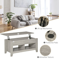 Lift Top Coffee Table with Hidden Storage Compartment and Open Shelves, Lift Tabletop Pop-Up Center Table for Living Room, Light Grey