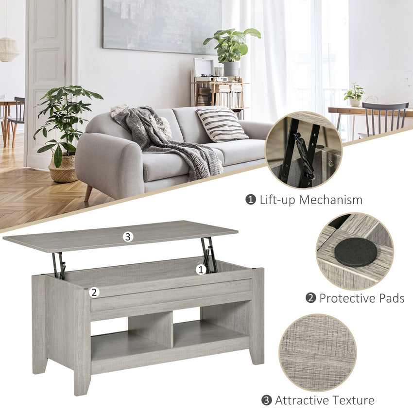 Lift Top Coffee Table with Hidden Storage Compartment and Open Shelves, Lift Tabletop Pop-Up Center Table for Living Room, Light Grey
