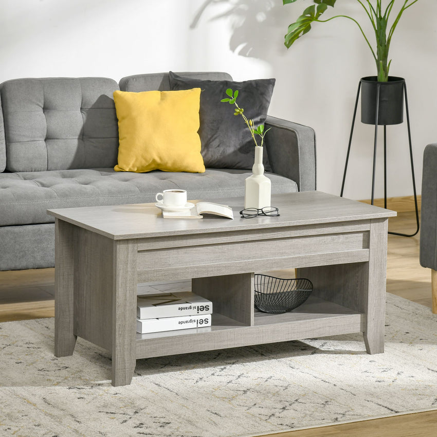 Lift Top Coffee Table with Hidden Storage Compartment and Open Shelves, Lift Tabletop Pop-Up Center Table for Living Room, Light Grey