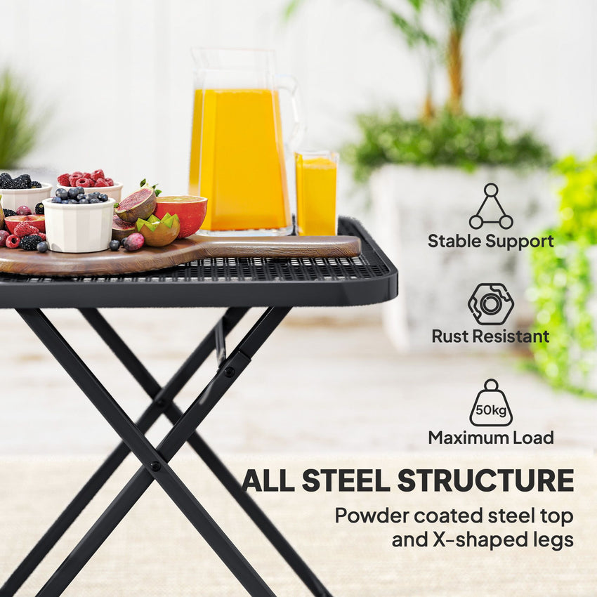 27.5" Square Outdoor Patio Table, Outdoor Folding Table with Grid Rattan-Like Top for Camping, Picnic, Black