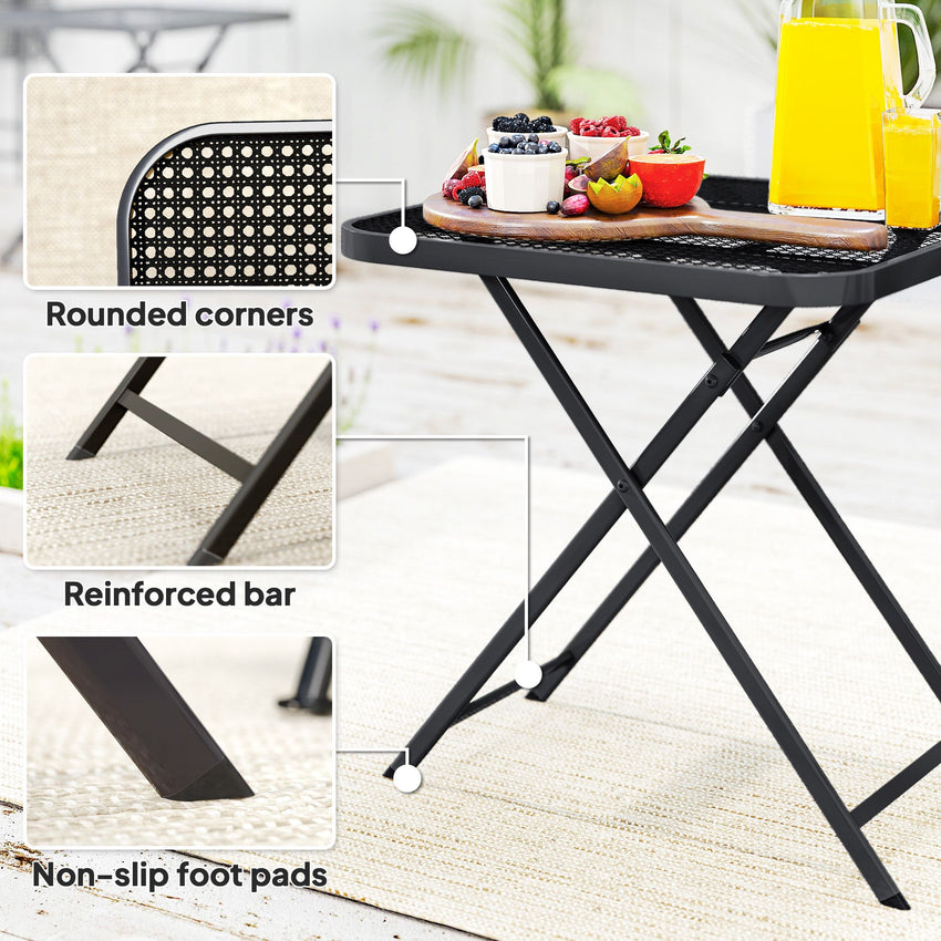 27.5" Square Outdoor Patio Table, Outdoor Folding Table with Grid Rattan-Like Top for Camping, Picnic, Black
