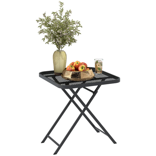 27.5" Square Outdoor Patio Table, Outdoor Folding Table with Grid Rattan-Like Top for Camping, Picnic, Black
