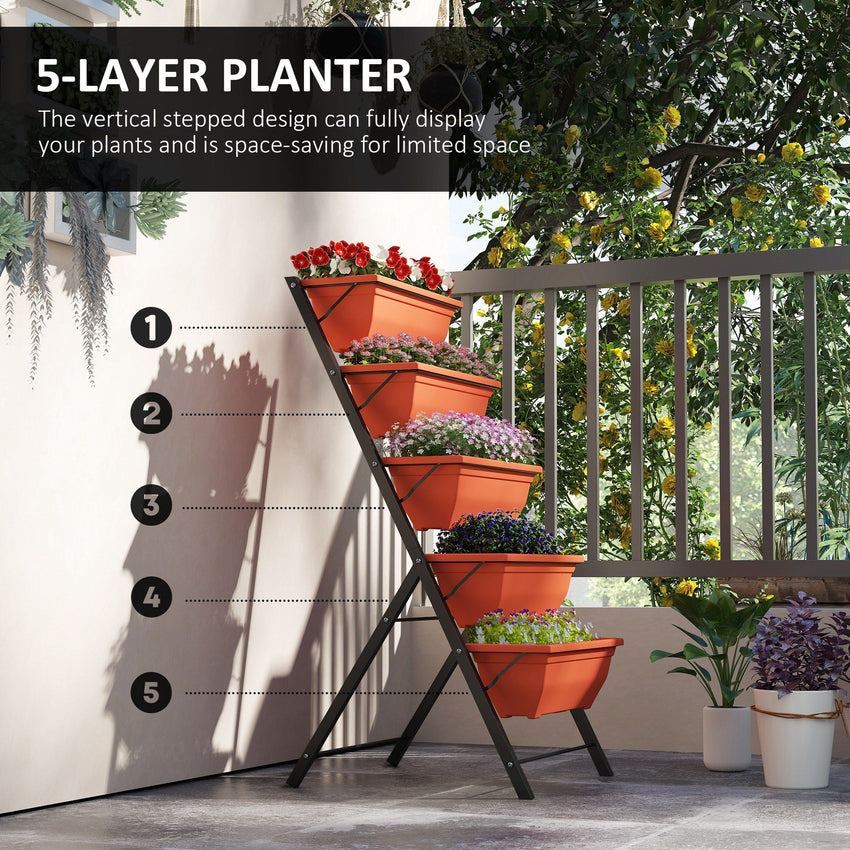 5-Tier Raised Garden Bed Plant Stand Flower Pots with Leaking Holes Red