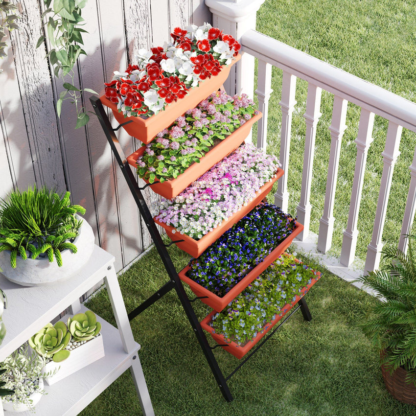 5-Tier Raised Garden Bed Plant Stand Flower Pots with Leaking Holes Red
