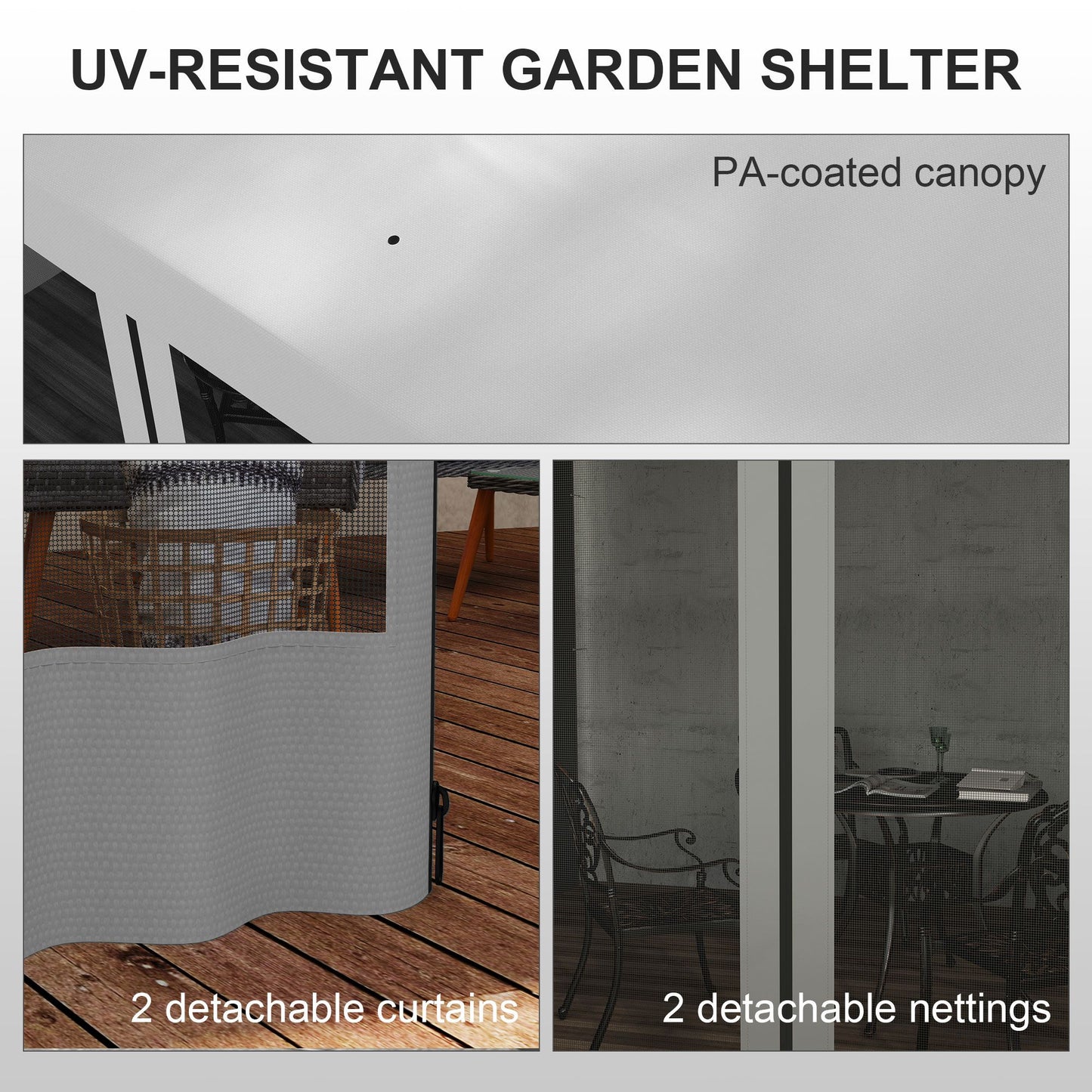 10' x 13' Wall Pergola, Outdoor Gazebo with 2 Curtains and 2 Nettings, UV Resistant, for Patio, Deck, Light Grey