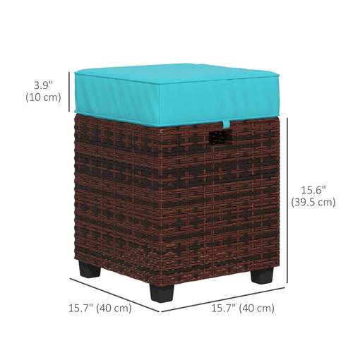 2 PCS Patio Wicker Ottoman Set, Square Outdoor PE Rattan Footrest with Removable Cushion for Backyard, Sky Blue