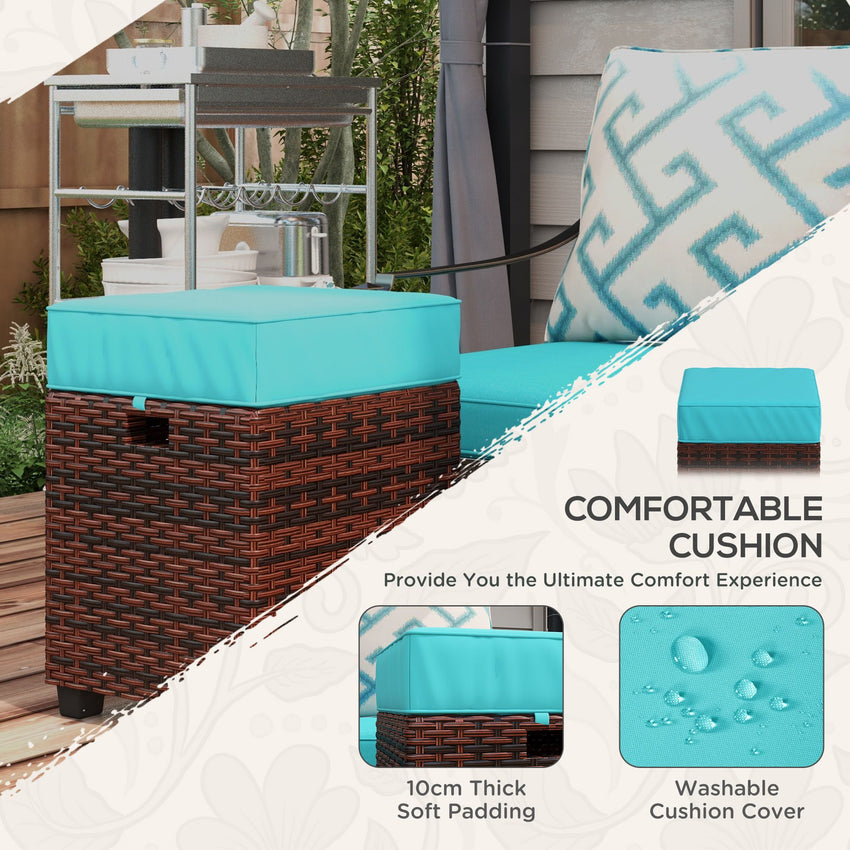 2 PCS Patio Wicker Ottoman Set, Square Outdoor PE Rattan Footrest with Removable Cushion for Backyard, Sky Blue