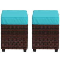 2 PCS Patio Wicker Ottoman Set, Square Outdoor PE Rattan Footrest with Removable Cushion for Backyard, Sky Blue