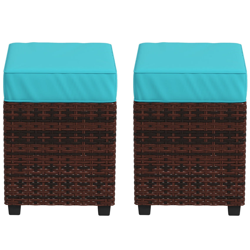 2 PCS Patio Wicker Ottoman Set, Square Outdoor PE Rattan Footrest with Removable Cushion for Backyard, Sky Blue