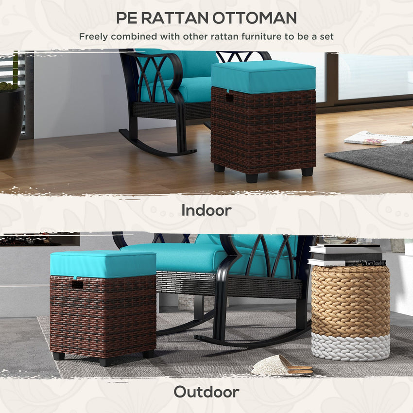 2 PCS Patio Wicker Ottoman Set, Square Outdoor PE Rattan Footrest with Removable Cushion for Backyard, Sky Blue