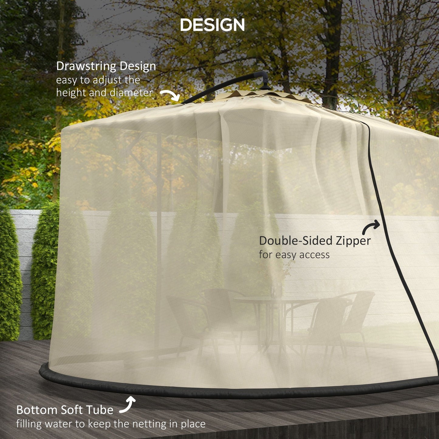 7.5FT Umbrella Table Screen Mosquito Bug Net, Garden Large Umbrella Cover Netting with Zippered Door, Beige
