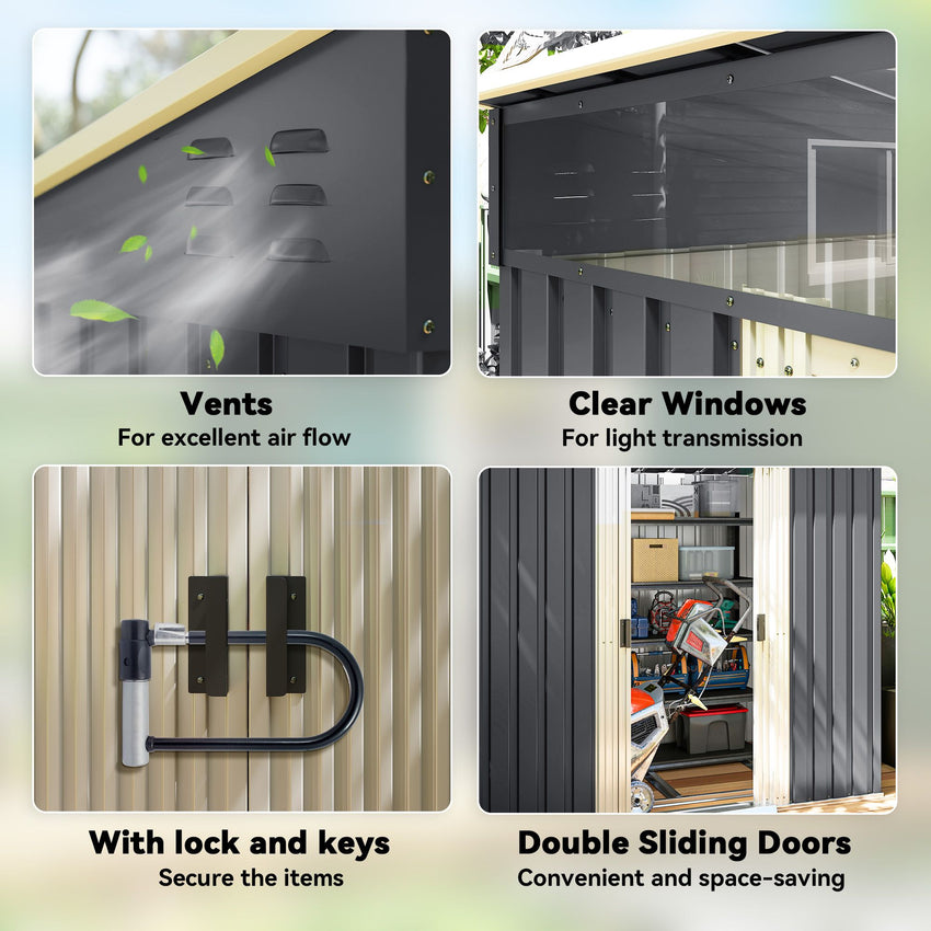 6.5x4FT Galvanised Metal Shed with Foundation Kit, Lockable Garden Tool Storage House with Sliding Doors, Vents, Grey