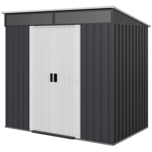 6.5x4FT Galvanised Metal Shed with Foundation Kit, Lockable Garden Tool Storage House with Sliding Doors, Vents, Grey