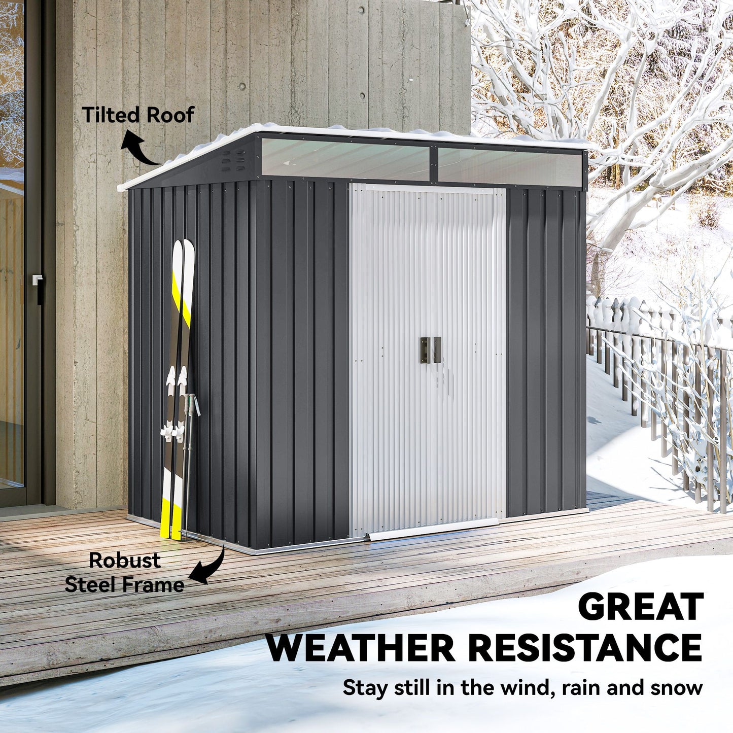 6.5x4FT Galvanised Metal Shed with Foundation Kit, Lockable Garden Tool Storage House with Sliding Doors, Vents, Grey