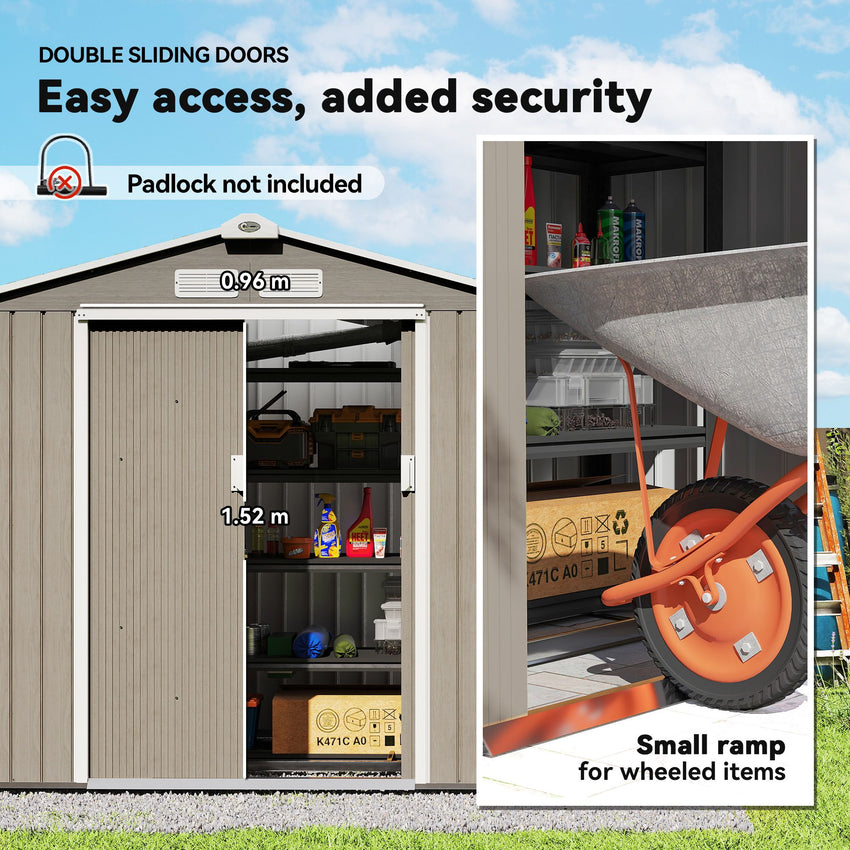 7' x 4' x 6' Garden Storage Shed Outdoor Patio Metal Tool Storage House w/ Foundation Kit and Double Doors Light Brown
