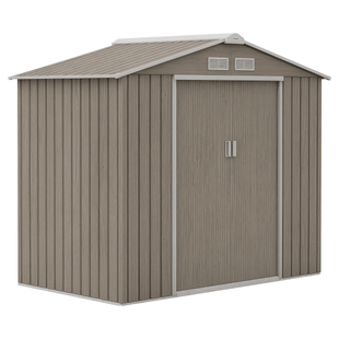 7' x 4' x 6' Garden Storage Shed Outdoor Patio Metal Tool Storage House w/ Foundation Kit and Double Doors Light Brown