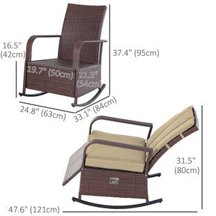 Outdoor Wicker Rocking Chair Patio PE Rattan Recliner Chair with Cushion, Adjustable Footrest, Armrests, Khaki