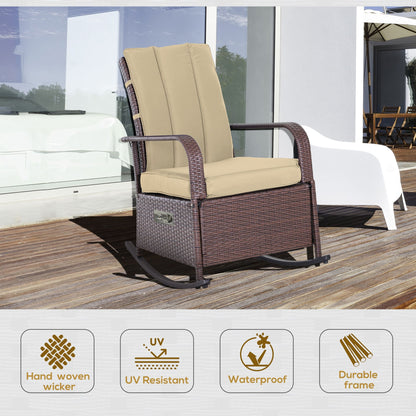 Outdoor Wicker Rocking Chair Patio PE Rattan Recliner Chair with Cushion, Adjustable Footrest, Armrests, Khaki